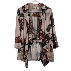 Romantic Pink Floral Ruffle Chico's Open Front Cinched Back Jacket Small Spring